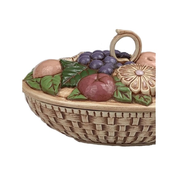 1974 Vtg Covered Dish Lid Ceramic Handmade Woven Bowl Fruit Grapes 11" X 5.5" - Picture 3 of 11